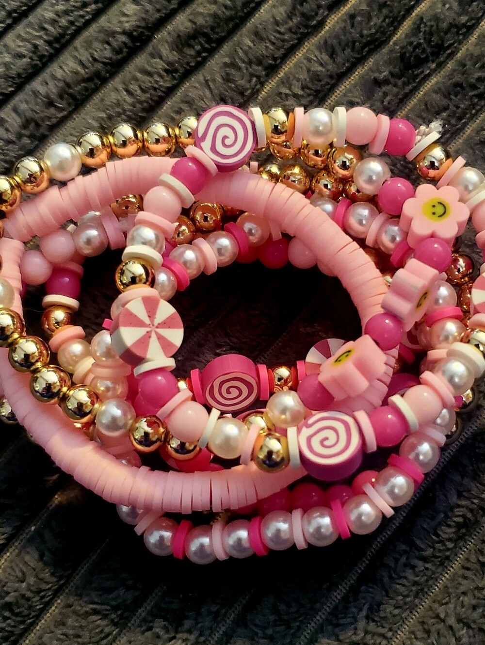 Handmade Pink, White & Gold Girly Beaded Bracelet Stack (7 Total)